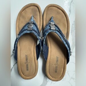 Minnetonka Denim Blue Sandals with Metallic Details